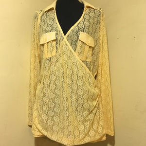 Zenobia Yellow lace long sleeve, breast pocket top